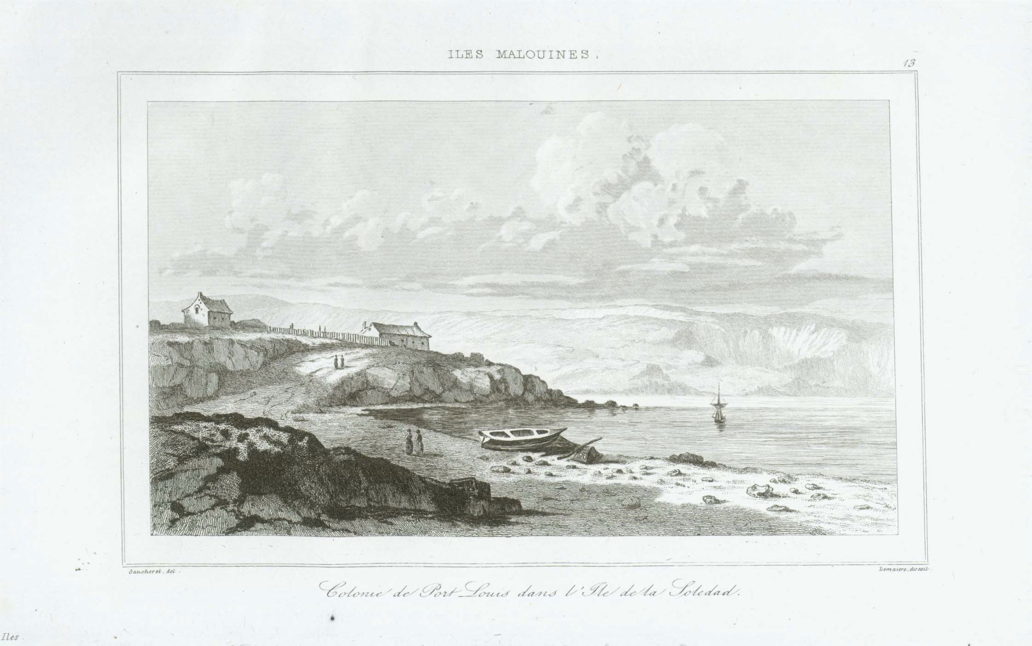 "Iles Malouines" (Malvinas)  Malvinas, Falkland Islands, Argentina, England, Port Stanley, Malouines, Soledad Island  "Colone de Port Stanley dans l'Ille de la Soledad"  Steel engraving published 1840.