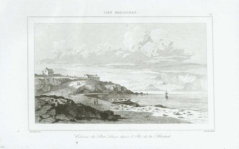 "Iles Malouines" (Malvinas)  Malvinas, Falkland Islands, Argentina, England, Port Stanley, Malouines, Soledad Island  "Colone de Port Stanley dans l'Ille de la Soledad"  Steel engraving published 1840.