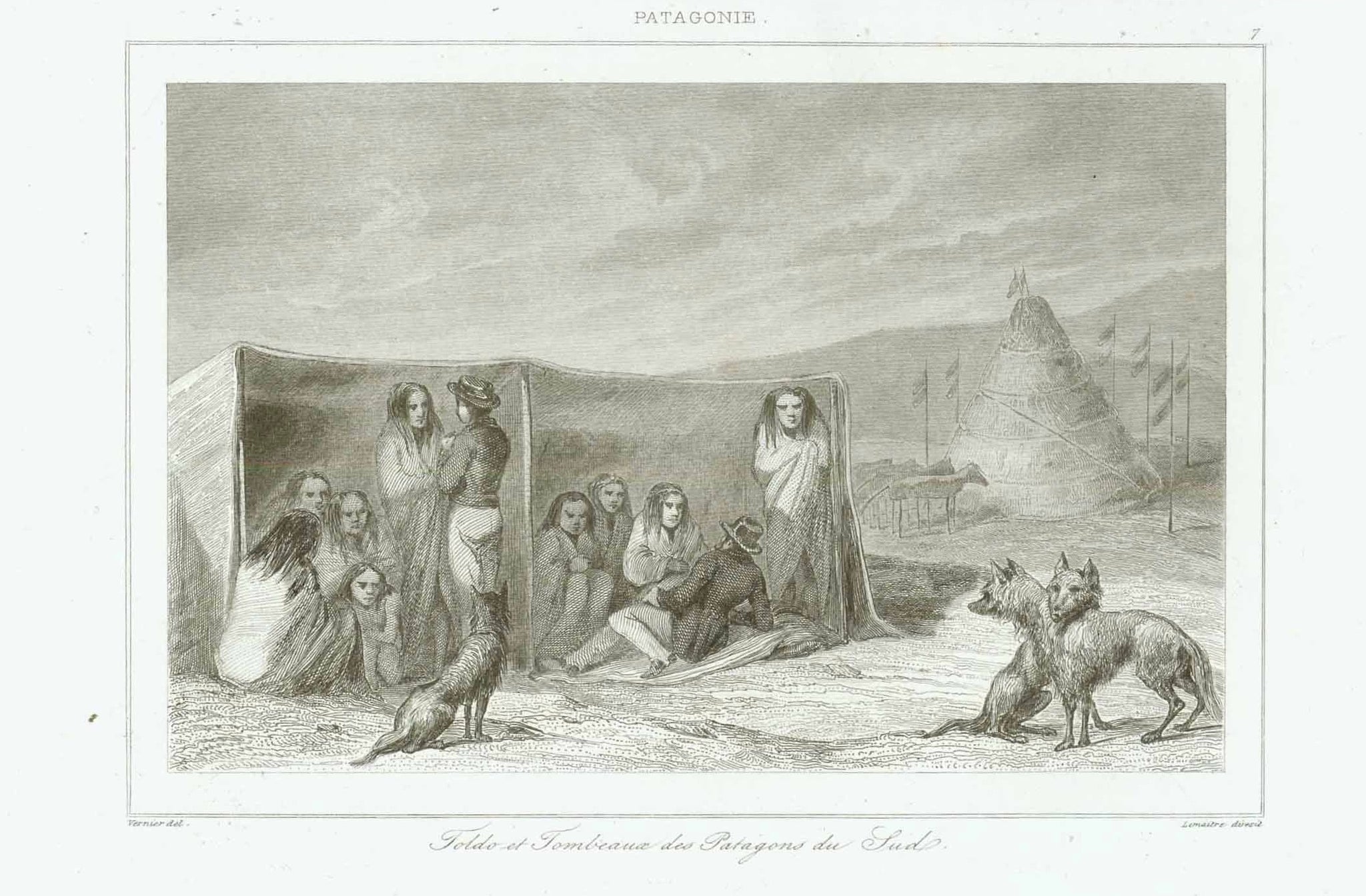 "Tolde et Tombeaux des Patagons du Sud"  Argentina  Steel engraving by Lemaitre after Vernier, 1840.  Original antique print  