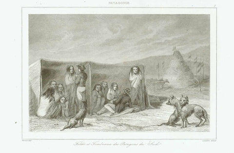 "Tolde et Tombeaux des Patagons du Sud"  Argentina  Steel engraving by Lemaitre after Vernier, 1840.  Original antique print  