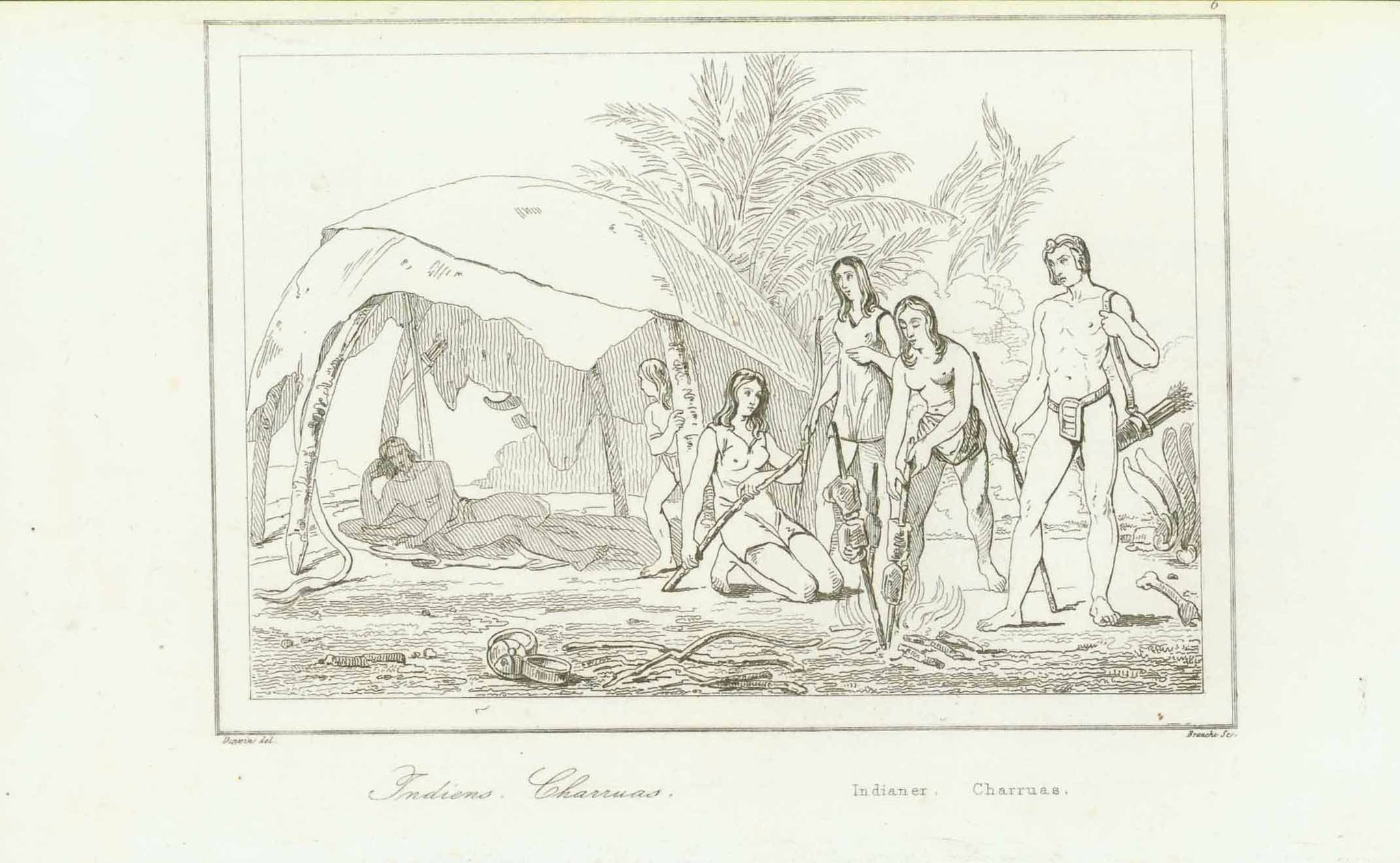 "Indiens Charruas Indian Charruas"  Argentine  Steel engraving 1840.  Original antique print  