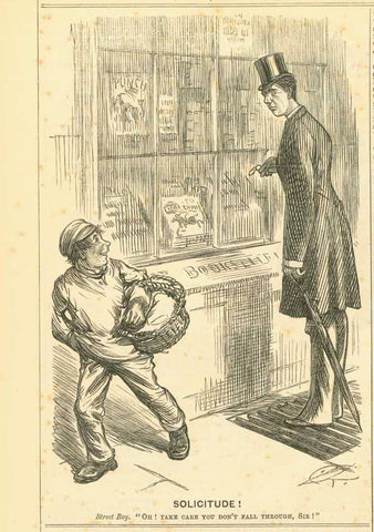 "Solicitude" Street Boy. "Oh! Take care you don't fall through, Sir!"  Wood engraving published 1882. Reverse side is printed with unrelated text  Original antique print 