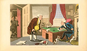 "Dr. Syntax & Bookseller"  Copper etching (aquatint) with original hand coloring  Artist: Thomas Rowlandson (1757-1827)  Published in "Second tour of Dr. Syntax in Search of Consolation)  London, 1820  Original antique print 