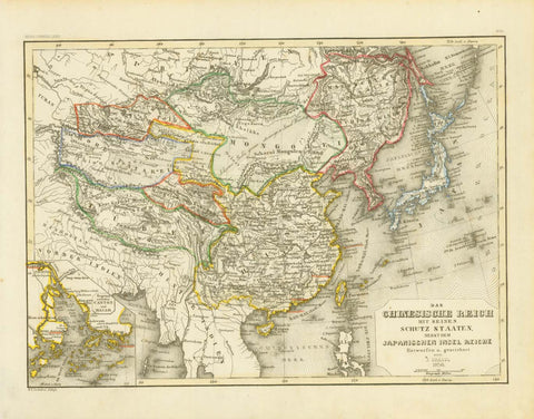 Antique map,  "Das Chinesische Reich mit Seinen Schutz Staaten nebst dem Japanischen Insel Reiche" (The Chinese Empire with its Protectorates beside the Japanese Empire)  Chinesisches Reich, China, Japan, Southeast Asia, Korea  Very interesting map of Asia showing the political divisions of the time.  In the lower left is a special inset showing the area around Macao and Canton.  Map was designed by J. Graessel. Published 1856.