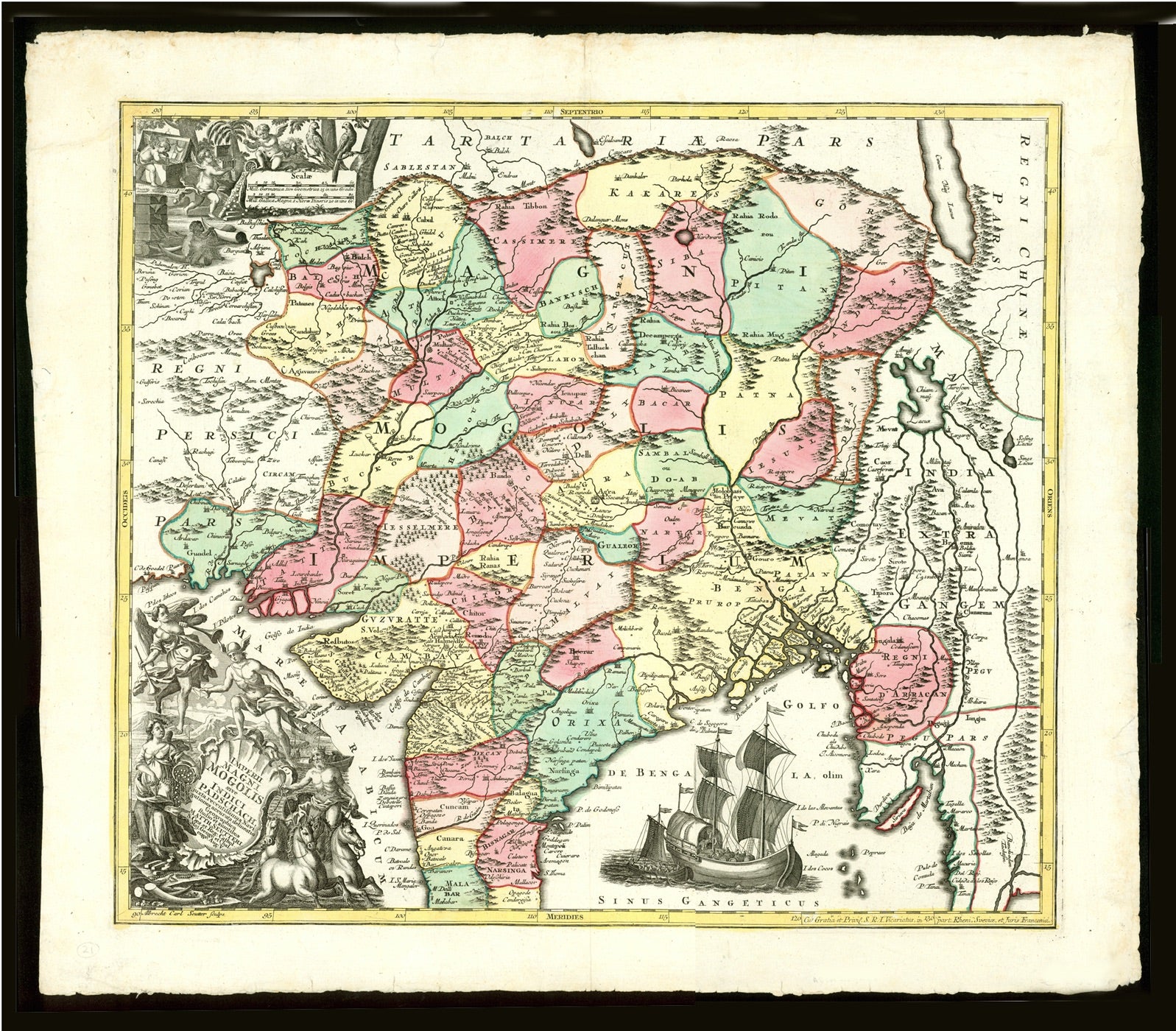 "Imperii Magni Mogolis sive Indici Padschach. . .."  Copper engraving map by M. Seutter of Augsburg. Published ca 1740.  Attractive hand coloring. Strong impression on heavy paper.  Vertical centerfold.  This map shows most of India, Myanmar, Afghanistan and Pakistan.  There are two very decorative cartouches. 