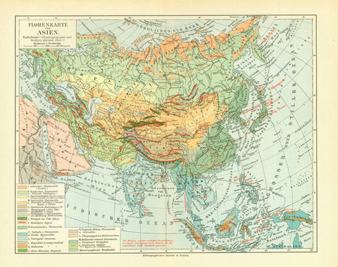 "Florenkarte von Asien"  Very interesting botanical map of the various growing regions of Asia.  Published in Leipzig 1890.