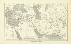 "Die Eroberungszuege Alexanders" (the conquest route of Alexander the Great)  Interesting wood engraving map with dotted lines showing the various conquest routes of Alexander the Great. Text on the reverse side about Persia and Alexander's travels.