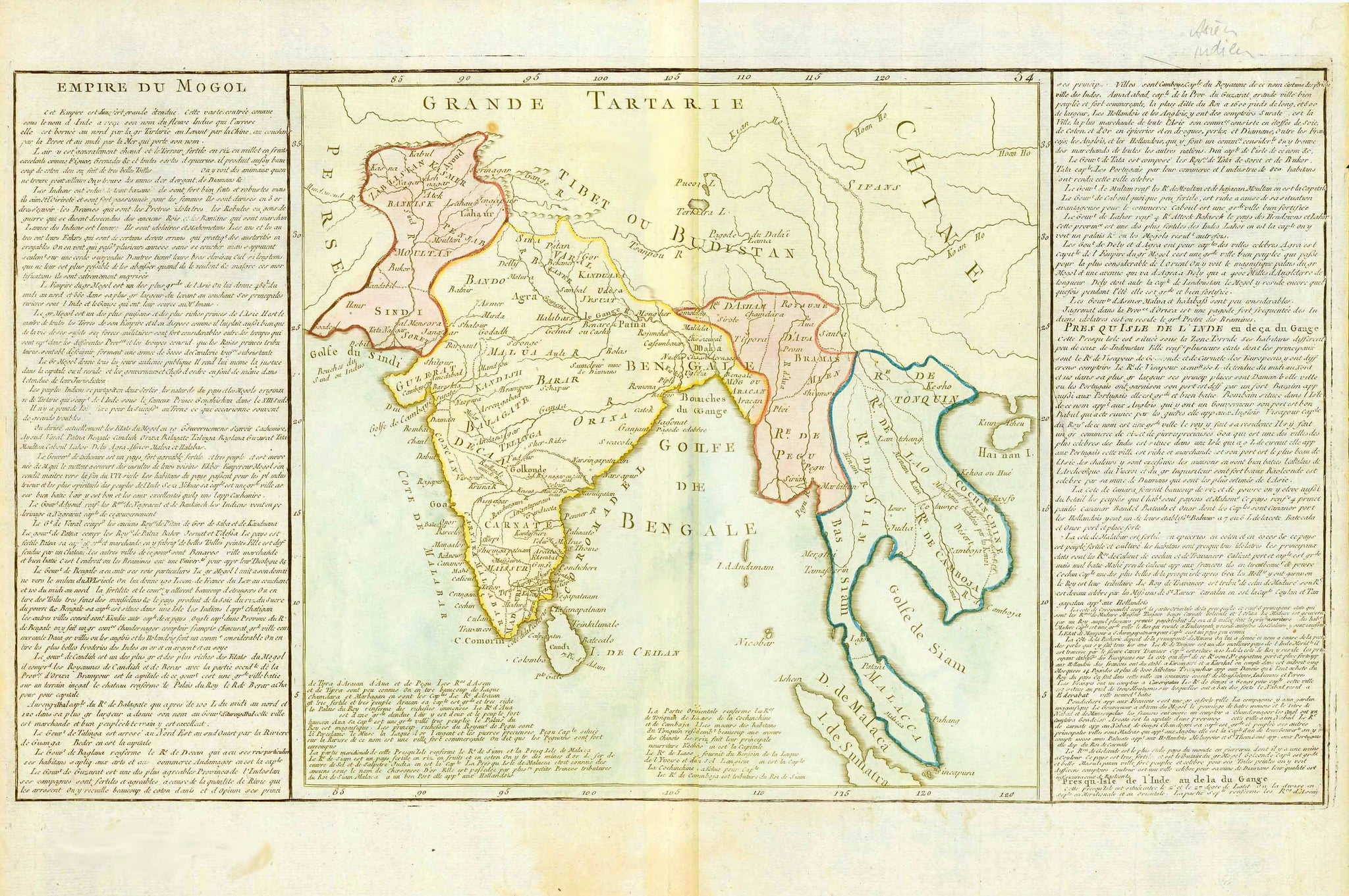 Map of India, Pakistan, Bangladesh, Burma, Myanmar, Thailand, Malaysia, Cambodia, "Empire Du Mogol"  Copper engraving map of Asia by Jean Baptise Louis Clouet. Published 1787 in Paris. Published in "Geographie modern avec une introduction"  On both side of the map is detailed information about the many ports and geography of Asia.  Original antique print , interior design, wall decoration, ideas, idea, gift ideas, present, vintage, charming, special, decoration, home interior, living room design