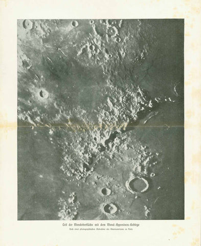 "Teil der Mondoberflaeche mit dem Mond-Appeninen-Gebirge"  Image made after a photograph by the Observatory in Paris. Published 1895. This print has an attached tissue paper with the names of the areas shown on the image.