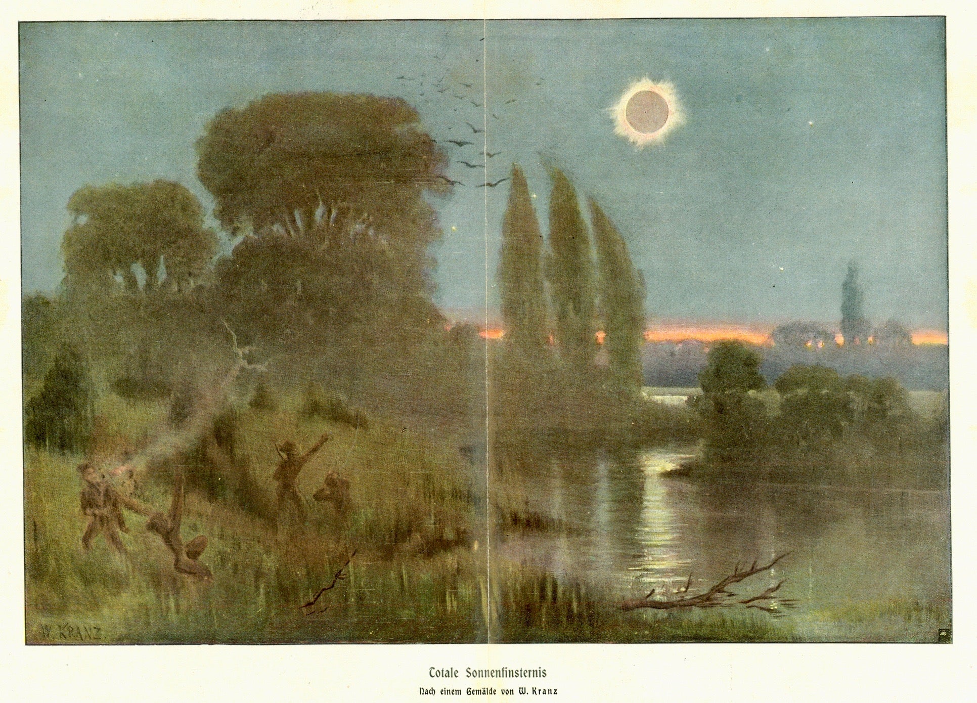 "Total Sonnenfinsternis"  Chromolithograph made after a painting by W. Kranz ca 1905. Vertical centerfold. Very light spotting in margins.