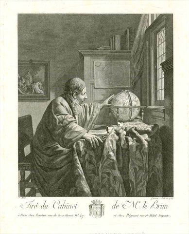 No title. Astronomer in his study room.  Astronomer turning his celestial globe.  Copper etching by Louis Garrreau (active 1770- 1811)  After the painting by Jan Vermeer (1632-1675)  Dated 1784  Original antique print    Published in the collection of Monsieur le Brun