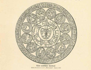 "Alter arabischer Tierkreis"  Wood engraving on a page of text showing the Arabic Signs of Zodiac printed in 1900.  Original antique print , interior design, wall decoration, ideas, idea, gift ideas, present, vintage, charming, special, decoration, home interior, living room design