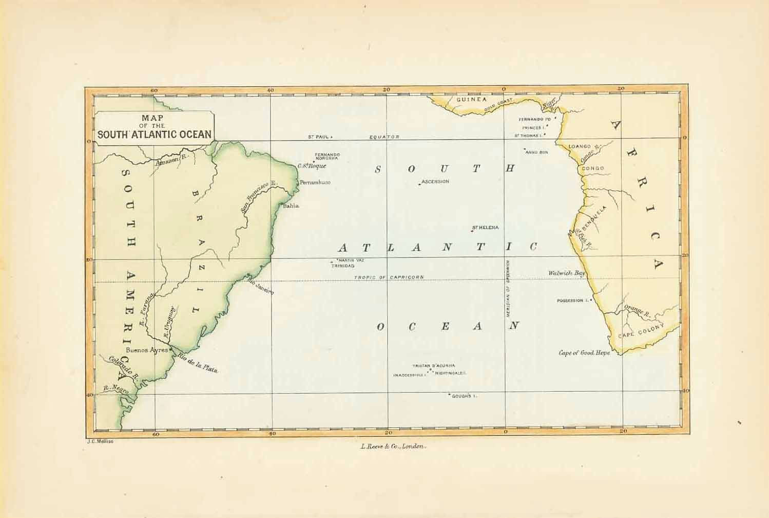 "Map of the South Atlantic Ocean"  Hand-colored wood engraving by John Charles Melliss  London, 1875  Original antique print   For a 30% discount enter MAPS30 at chekout  On the South American continent we see Brazil and some of the coast line of Argentina. Africa's West Coast is shown from the Gulf of Guinea to the Cape. Lonely in the middle of the ocean: The island of St. Helena. What a distant place to park Mr. Napoleon!
