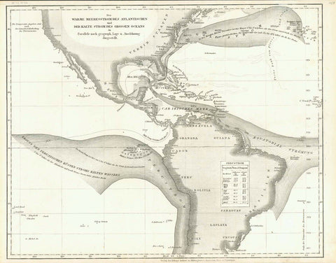 "Der Warme Meeresstrom des Atlantischen und Der Kalte Strom des Grossen Oceans"  Very interesting steel engraving map of the warm and cold currents of the Atlantic and Pacific Oceans. Published 1859.  Original antique print, interior design, wall decoration, ideas, idea, gift ideas, present, vintage, charming, special, decoration, home interior, living room design