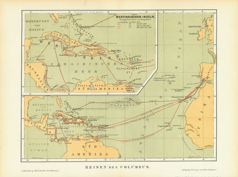 "Reisen des Columbus"  Historical map of the Columbus travels across the Atlantic to the Caribbean islands.  The lines are dated with the trips Columbus made across the Atlantic. Published in color 1881. 