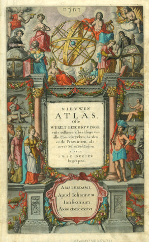 "Nieuwen Atlas ofte Werelt Beschryvinge"  Atlas title page. Second part of world atlas by Jan Janssonius.  Copper etching. Original hand coloring . Amsterdam, 1641  On left side a man riding a crocodile. Illustrous page with elements of Astronomy, Geography, Continents.
