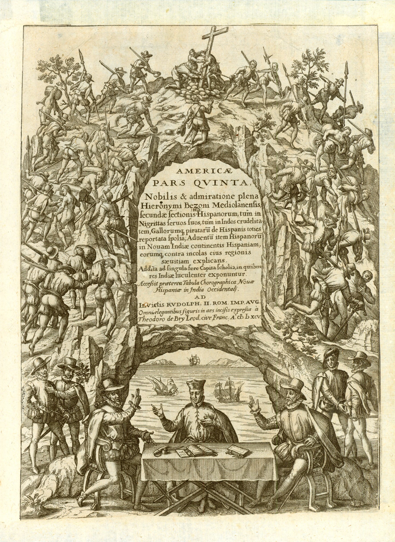 "Americae Pars Quinta Nobilis et admiratione plena Hieronymi Benzoni Mediolanensis, secundae sectionis Hispanorum"  Title page - copper etching - for the fifth volume of the famous America Discovery Account, published by de Bry  Author: Girolamo Benzoni (1519-1572)  Copper etching. Title Page for Book V.  Publishing House Theodor de Bry (1528-1598)  Publisher: Johann Theodor de Bry (1560-1623)  The date in the title catriuche on the title page reads 1595. But the book was actually only published in Frankfur