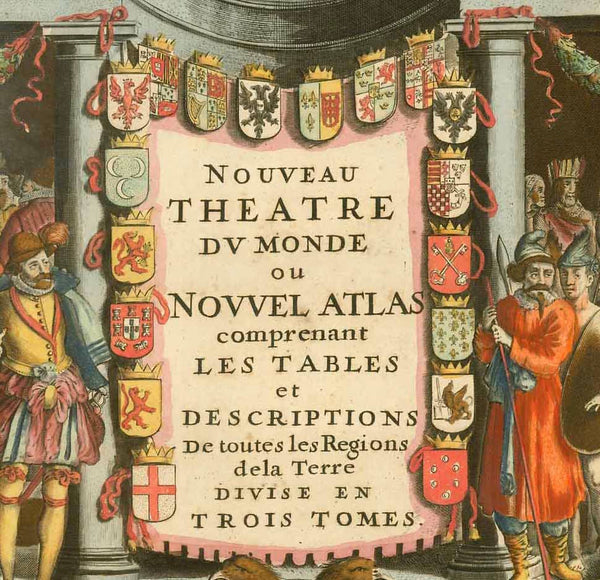 "Nouveau Theatre Du Monde ou Nouvel Atlas comprenant Les Tabes et Descriptions de Toutes les Regions de la Terre Divise en Trois Tomes" Beautiful Atlas Title Page for the world atlas Copper etching with superb original hand coloring. Published by Henrico Hondius (1573-1650) Amsterdam, 1641, interior design, wall decoration, ideas, idea, gift ideas, present, vintage, charming, special, decoration, home interior, living room design