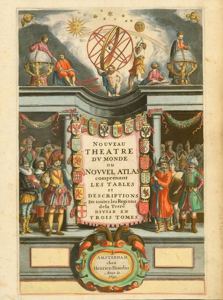 "Nouveau Theatre Du Monde ou Nouvel Atlas comprenant Les Tabes et Descriptions de Toutes les Regions de la Terre Divise en Trois Tomes" Beautiful Atlas Title Page for the world atlas Copper etching with superb original hand coloring. Published by Henrico Hondius (1573-1650) Amsterdam, 1641, interior design, wall decoration, ideas, idea, gift ideas, present, vintage, charming, special, decoration, home interior, living room design