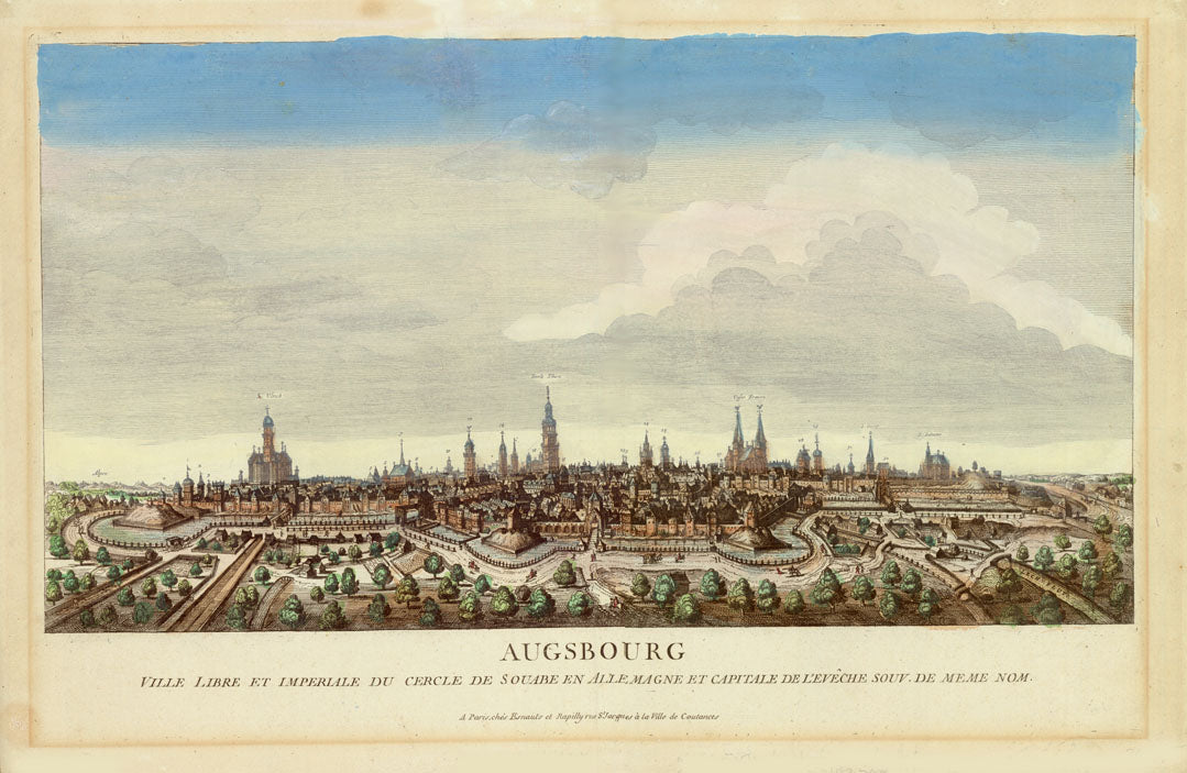 Augsburg. - "Augsbourg Ville Libre et Imperiale du Cercle de Souabe en Allemagne et Capitale de L'Eveche souv. de meme Nom".  Anonyme altkolorierte Kupferradierung  im Stil von Guckkastenblättern.  Paris bei  Esnauts et Rapilly.  Die Verleger-Adresse "A Paris ches Esnauts et Rapilly rue St. Jacques à la Ville de Coutances"  gab es zwischen 1777 und 1784  Original antique print 