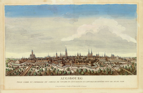 Augsburg. - "Augsbourg Ville Libre et Imperiale du Cercle de Souabe en Allemagne et Capitale de L'Eveche souv. de meme Nom".  Anonyme altkolorierte Kupferradierung  im Stil von Guckkastenblättern.  Paris bei  Esnauts et Rapilly.  Die Verleger-Adresse "A Paris ches Esnauts et Rapilly rue St. Jacques à la Ville de Coutances"  gab es zwischen 1777 und 1784  Original antique print 