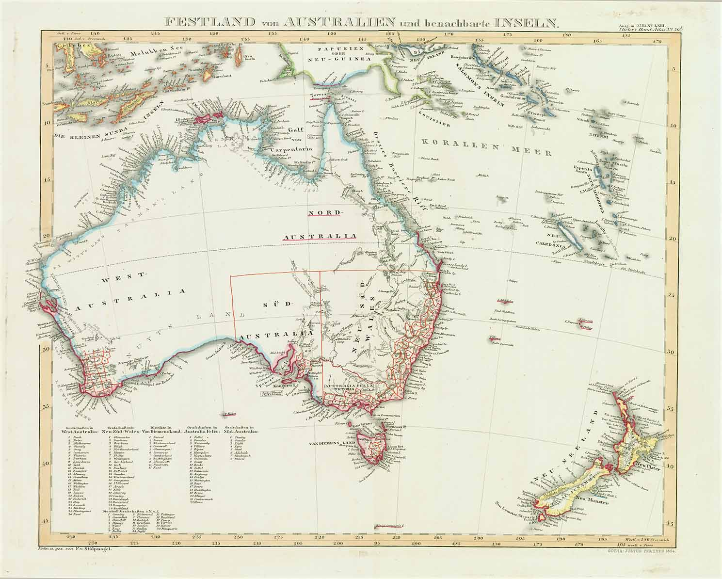 Festland von Australien und benachbarte Inseln"  Australia, Australian, New Zealand, Pacific Ocean, Sydney, Brisbane, Perth, Great Barrier Reef  Map by F. von Stuelpnagel dated 1854.   For a 30% discount enter MAPS30 at chekout   Original outline coloring.  Map shows how little of Australia was settled at this time.  Notice the many details on New Zealand.