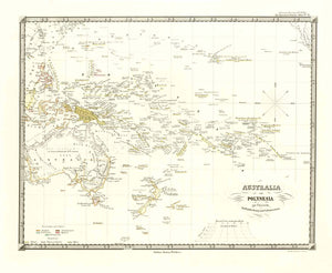  Australia, Australia, Australien, New Zealand, Polynesia, New Guinea, Hawaii, South Pacific  Lithograph published 1855 by the Koenig. Lith. Institut in Berlin.  Minimal hand coloring.  This map is very detailed of Polynesia with many islands that are not normally on a map of this age.  Notice that California is in the upper right corner. Slightly southwest of California are the Hawaiian Islands.  New Zealand is shown in the lower center. 