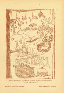 "Mit dem Daumen-Nagel in geschwaertzte Baumrinde eingeritzte australische Zeichnung"  (Australian thumbnail drawing in blackend bark)  Zincograph published 1905.