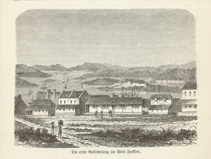 "Die erste Ansiedlung in Port Jackson" (the first settlement in Port Jackson)  Wood engraving on a page of text about early settlement  of Australia that continues on the reverse side. Published 1885.