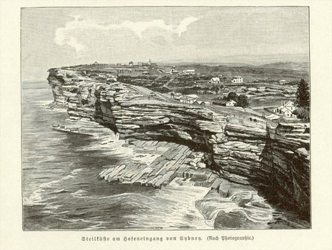 Antique print, antiker Stich, "Steilkueste am Hafeneingang von Sydney"  (steep coast at the harbor entrance to Sydney)  Sydney, New South Wales, Circular Quay, Penrith, Gosford, Hawksbury  Wood engraving made after a photograph 1882.  Original antique print  