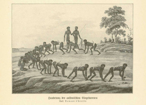"Hundetanz der Australischen Eingeborenen" (dog dance of the indigenous Australians)  Wood engraving ca 1905 on a page of text about research of early Australians.  Original antique print  