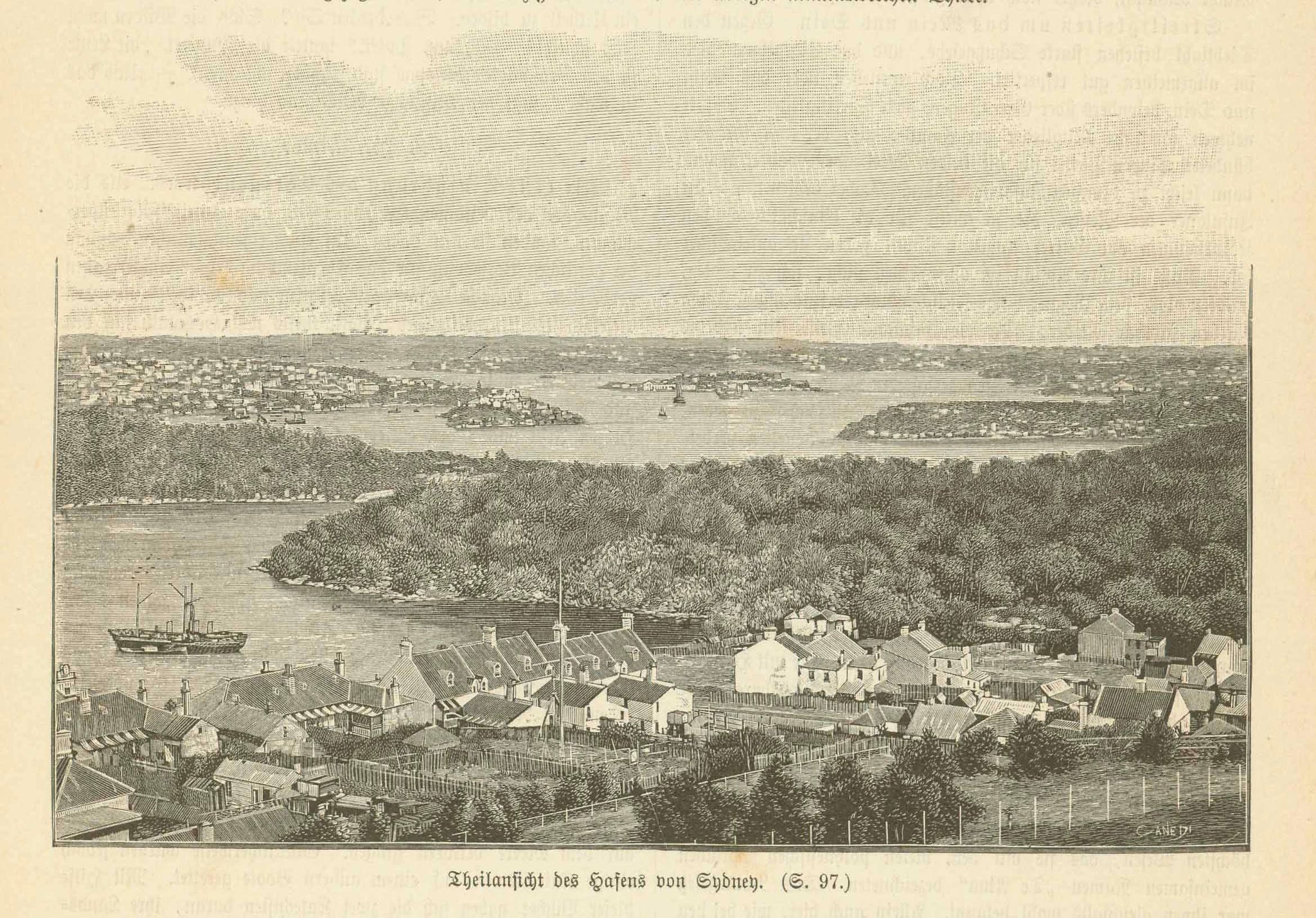 Australia  "Theilansichts von Hafens von Sydney" (partial view of Sydney Harbor)  Wood engraving published 1897.  Original antique print  