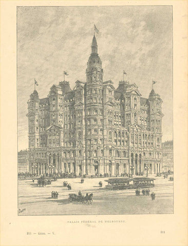 "Palais Federal De Melbourne"  Australia  Zincograph published ca 1890.  Original antique print  