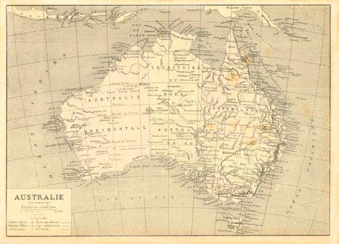 "Australie"  Original antique map of Australia  Wood engraving map printed in light color ca 1890. On the reverse side is unrelated text about mining in California.  For a 30% discount enter MAPS30 at chekout   Original antique print  