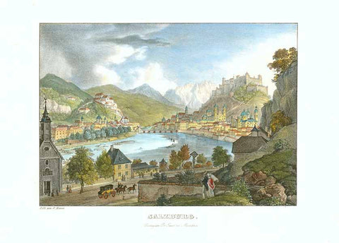 "Salzburg"  Handkolorierte Lithographie  Aus: "Alpenröslein oder Erinnerung an die süddeutsche Gebirgswelt"  Von Gustav Kraus (1804-1852)  München im Verlag von Fr. Sauer, 1836  Original antique print  