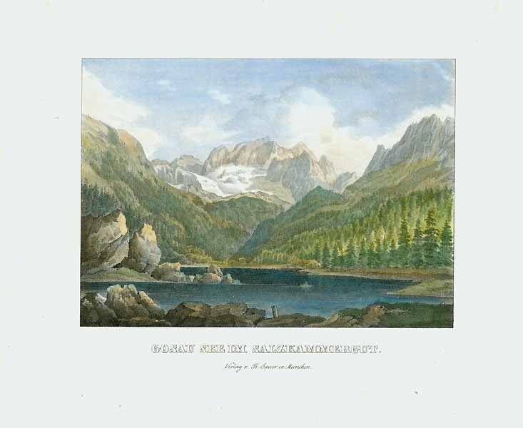 "Gosau See im Salzkammergut"  Lithograph from "Alpenroeslein oder Erinnerung an die sueddeutsche Gebirgswelt"  by Gustav Kraus ( 1804-1852 )  Pleasant hand coloring. Published in Munich 1836.  Original antique print  