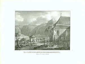 "Hallstaedter See im Salzkammergut"  Handkolorierte Lithographie  Aus: "Alpenröslein oder Erinnerung an die süddeutsche Gebirgswelt"  Von Gustav Kraus (1804-1852)  München im Verlag von Fr. Sauer, 1836  Original antique print  