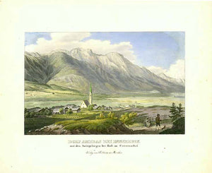 "Dorf Ambras bei Innsbruck  mit den Salzgebirgen bei Hall im Unterinntal"  Lithograph from "Alpenroeslein oder Erinnerung an die sueddeutsche Gebirgswelt"  by Gustav Kraus ( 1804-1852 )  Pleasant hand coloring.  Published in Munich 1836.  Original antique print  