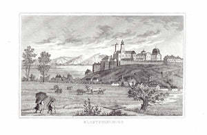 Antique print, antiker Stich, Österreich, Austria, "Klosterneuburg"  Klosterneuburg, Augustiner-Chorherrnstift, Tulin, Niederoesterreich,  Kritzendorf, Donau, Danube, Exelberg  Anonymous Steel engraving ca 1850., interior design, wall decoration, ideas, idea, gift ideas, present, vintage, charming, special, decoration, home interior, living room design 