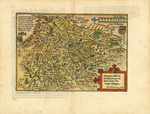 Antique Maps, Antike Karte, "Salisburgensis jurisdictionis locorumque vicinorum..."  Salzburg, Oesterreich, Austria, Salzkammergut, Salzach, Festspiele, Mozart  Copper engraving map by Mathias Quad and Johann Bussemacher.   Hand coloring. Published 1608. On the reverse side is text about the Diocese of Salzburg.  The map is west oriented. In the upper right is the Inn River. In the center is Zellsee. 