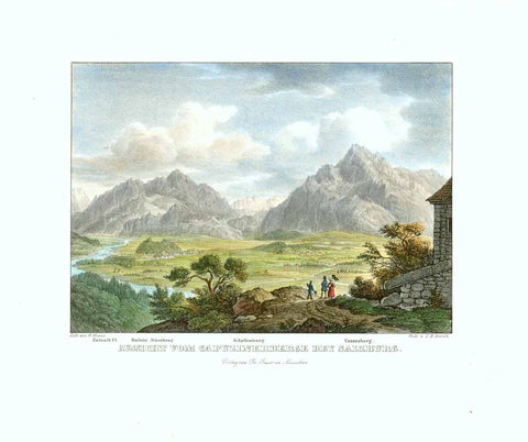 "Aussicht vom Capuzinerberge bey Salzburg"  Am unteren Rand vermerkt: Salzach Fl. - Hallein - Duernberg - Schellenberg - Untersberg  Handkolorierte Lithographie  Aus: "Alpenröslein oder Erinnerung an die süddeutsche Gebirgswelt"  Von Gustav Kraus (1804-1852)  München im Verlag von Fr. Sauer, 1836  Original antique print  