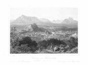 "Salzburg vom Kapuzinerberg südwestlicher Aussichtspunkt"  Title in German, French and English  Steel engraving by Karl Friedrich Wuerthle (1820-1902)  illPublished as a single sheet by Baldi and Wetteroth. Salzburg, ca. 1850  General areal view of this beautiful Austrian City from a nearby hill.