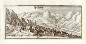 Bludenz. - "Pludentz"  Bludenz, Vorarlberg, Weissen Roessle, Breithorn, Katzenkoepfe, Brandner Tal  Copper engraving from "Topographia provinciarum austriacarum"  By Matthäus Merian (1593-1650) Frankfurt am Main, 1649  The left, lower and right margins have been extended to make wider margins for proming.  Frankfurt am Main, 1649