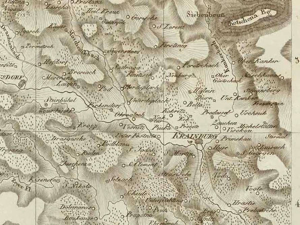 "Theil von Krain. Parthie de la Carntole"  Copper engraving published in Weimar by the Georgraph. Institut, 1804.  For orientation Villach is in the upper left corner of this map. Tulmino (Tolmin, Tolmein) in Slovenia is in the lower corner of the map. interior design, wall decoration, ideas, idea, gift ideas, present, vintage, charming, special, decoration, home interior, living room design