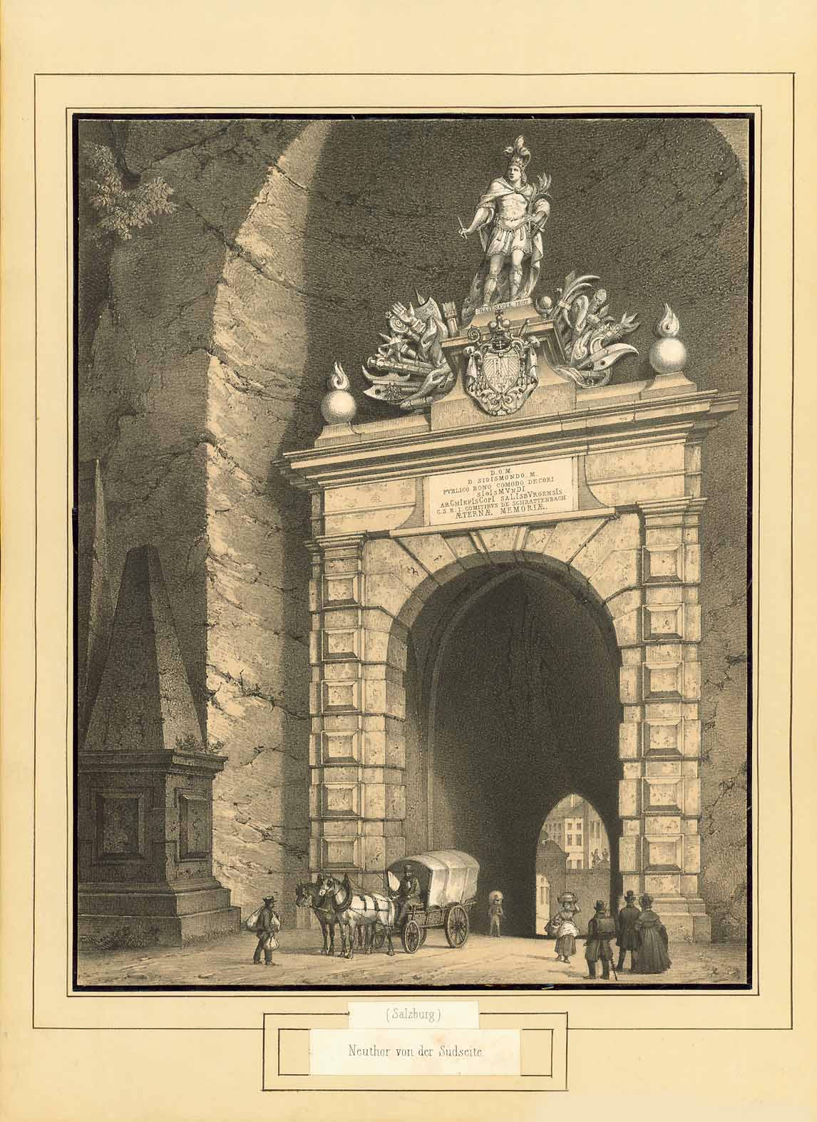 Antique print, alter stich, cSalzburg - Sigmundstor. - "Neutor von der Suedseite - Salzburg"  Neutor, Riedenburg, Sigismund, Hohensalzburg, Salzburger Festspiele  The Sigmundstor is known locally as the Neutor. It is a tunnel that connects the older part of town with Riedenburg. The image shows the Westportal on the Riedenburg side of the tunnel. Saint Sigismund was a king in Burgund and a martyr in 524.  Anonymous lithograph ca 1840.