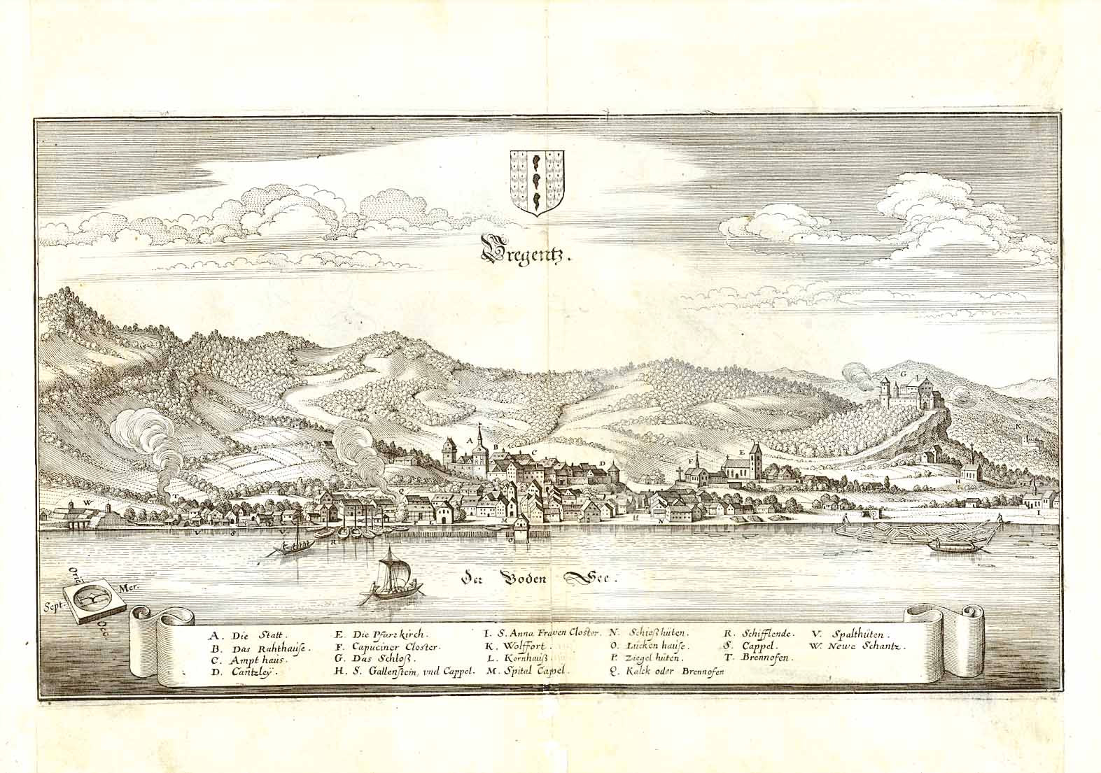 Bregenz. - "Bregentz"  Kupferradierung (copper etching) aus / published in  "Topographie Sueviae"  Gesamtansicht vom Bodensee aus.  General view seen from Lake Constance  Von / By Matthäus Merian (1593-1650)  Frankfurt, Main, 1643  Original antique print  