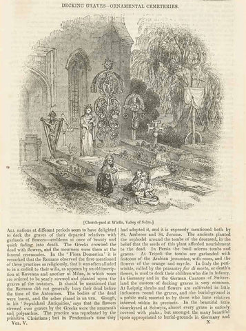 "Decking Graves - Ornamental Cementeries"  "Church-yard at Wirfen, Valley of Salza" (Werfen)  Wood engraving on a page of interesting text about the decoration of graves in Austria and England. The custom of decorating graves is still very traditional in Austria and Bavaria.The text continues on a second page. Published in England in 1836.  Original antique print 
