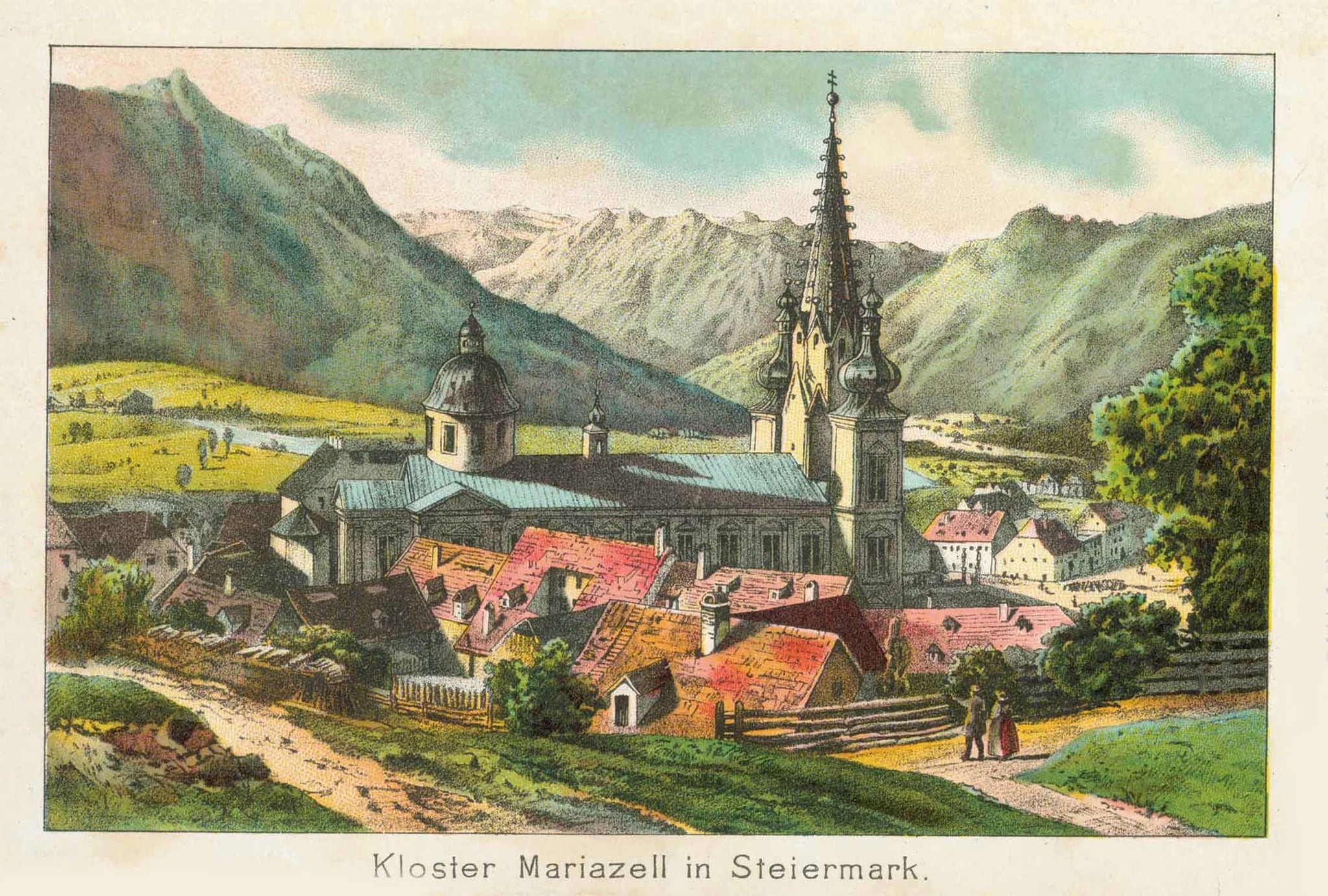 "Kloster Mariazell un Steiermark"  Austria, Mariazell, Steiermarkt, Triesting, Niederoesterreich  The monastery Mariazell is in Altenmarkt on the Triesting in Niederoesterreich.  Chromolithograph published 1889.  Original antique print  