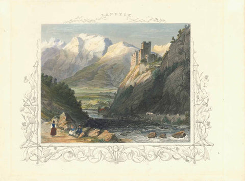 "Landeck"  Very prettily hand-colored steel engraving with ornamental bordure by Jens Gray  After the drawing by Philip Hutchins Rogers (1794-1853)  Bei Payne in Dresden and Leipzig, ca. 1850  Schloss Landeck shown here above the city of Landeck in Tirol.  Backdrop are the mountains of Lechtaler Alpen. in the foreground : The river Inn.