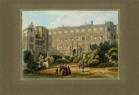Antique print, Heidelberg, Schlossruine, Ottheinrichsbau  Heidelberg, Baden-Wuertemberg, Nekar, Heiligenberg, Rhein-Nekar Kreis  Part of the ruins of Heidelberg Castle. Originally built in and after 1556, it was subject to destruction in wars of the 17th century, later by lightening, and eventually left standing as a ruin. It is a striking and significant building of the Renaissance epoch in Germany and an obvious landmark in the City of Heidelberg.  Anonymous copper etching Ca. 1820.